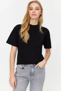 TRENDYOLMİLLA Black-Gray Melange 2 Sets Paket Basic Dog collar Knitting T-Shirt - Image 4