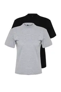 TRENDYOLMİLLA Black-Gray Melange 2 Sets Paket Basic Dog collar Knitting T-Shirt - Image 6