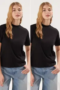 TRENDYOLMİLLA Black-Black 2 Sets Paket 100% Cotton Basic Dog collar Knitting T-Shirt