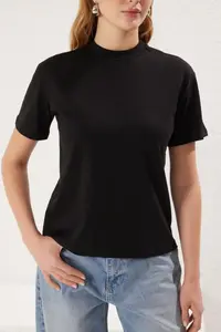 TRENDYOLMİLLA Black-Black 2 Sets Paket 100% Cotton Basic Dog collar Knitting T-Shirt - Image 4