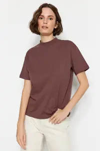 TRENDYOLMİLLA Brown-Beige 2 Sets Paket 100% Cotton Basic Dog collar Knitting T-Shirt - Image 2