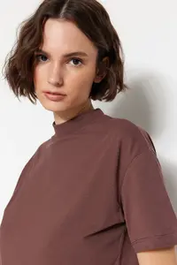 TRENDYOLMİLLA Brown-Beige 2 Sets Paket 100% Cotton Basic Dog collar Knitting T-Shirt - Image 3