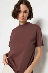 TRENDYOLMİLLA Brown-Beige 2 Sets Paket 100% Cotton Basic Dog collar Knitting T-Shirt - Image 4