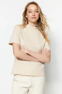 TRENDYOLMİLLA Brown-Beige 2 Sets Paket 100% Cotton Basic Dog collar Knitting T-Shirt - Image 6
