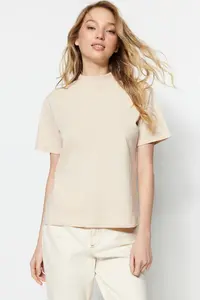 TRENDYOLMİLLA Brown-Beige 2 Sets Paket 100% Cotton Basic Dog collar Knitting T-Shirt - Image 7