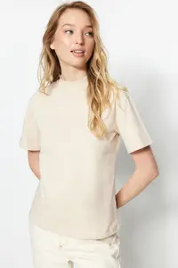 TRENDYOLMİLLA Brown-Beige 2 Sets Paket 100% Cotton Basic Dog collar Knitting T-Shirt - Image 8