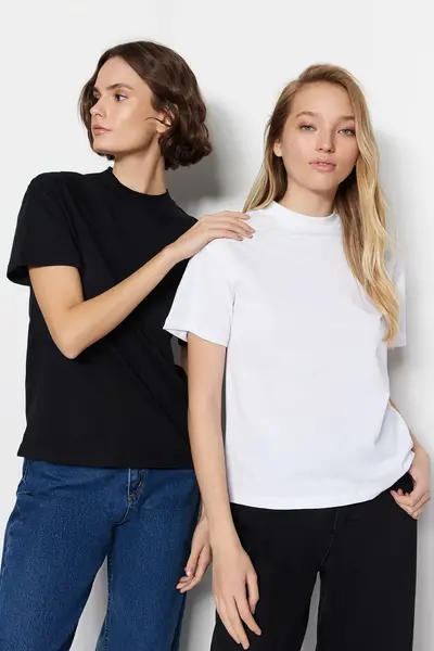 TRENDYOLMİLLA White-Black 2 Sets Paket 100% Cotton Basic Dog collar Knitting T-Shirt