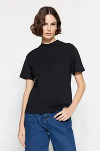 TRENDYOLMİLLA White-Black 2 Sets Paket 100% Cotton Basic Dog collar Knitting T-Shirt - Image 4