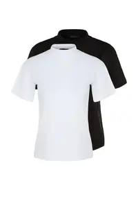 TRENDYOLMİLLA White-Black 2 Sets Paket 100% Cotton Basic Dog collar Knitting T-Shirt - Image 5