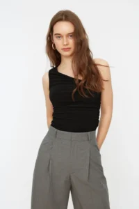 TRENDYOLMİLLA Black Ruffle Detailed Fitted One Shoulder Flexible Knitting Blouse - Image 2