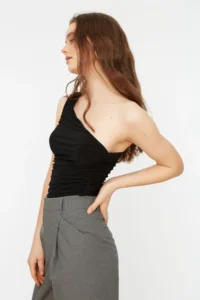 TRENDYOLMİLLA Black Ruffle Detailed Fitted One Shoulder Flexible Knitting Blouse - Image 3