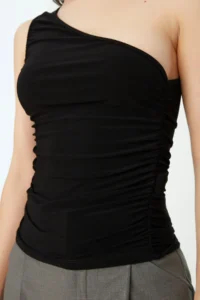 TRENDYOLMİLLA Black Ruffle Detailed Fitted One Shoulder Flexible Knitting Blouse - Image 4