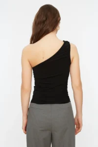 TRENDYOLMİLLA Black Ruffle Detailed Fitted One Shoulder Flexible Knitting Blouse - Image 5