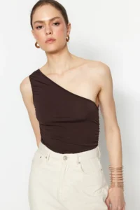 TRENDYOLMİLLA Brown Ruffle Detailed Fitted One Shoulder Flexible Knitting Blouse - Image 2