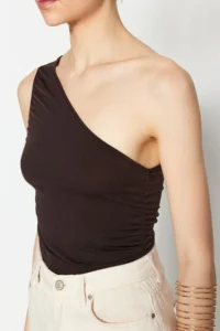 TRENDYOLMİLLA Brown Ruffle Detailed Fitted One Shoulder Flexible Knitting Blouse - Image 3