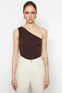 TRENDYOLMİLLA Brown Ruffle Detailed Fitted One Shoulder Flexible Knitting Blouse - Image 5