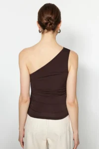 TRENDYOLMİLLA Brown Ruffle Detailed Fitted One Shoulder Flexible Knitting Blouse - Image 6
