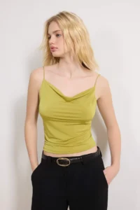 TRENDYOLMİLLA Oil Green Fitted Off-Shoulder Neck Flexible Knitting Blouse - Image 2