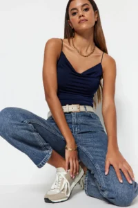 TRENDYOLMİLLA Navy Blue Fitted Off-Shoulder Neck Flexible Knitting Blouse - Image 6