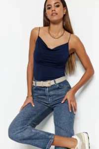 TRENDYOLMİLLA Navy Blue Fitted Off-Shoulder Neck Flexible Knitting Blouse - Image 7