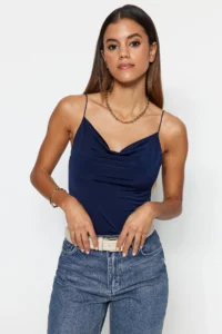 TRENDYOLMİLLA Navy Blue Fitted Off-Shoulder Neck Flexible Knitting Blouse - Image 8