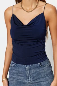 TRENDYOLMİLLA Navy Blue Fitted Off-Shoulder Neck Flexible Knitting Blouse - Image 9