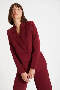 TRENDYOLMİLLA Burgundy Regular Lined Weaving Blazer Jacket - Image 2