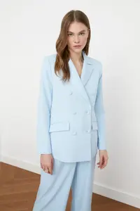 TRENDYOLMİLLA Light Blue Regular Lined Weaving Blazer Jacket - Image 2