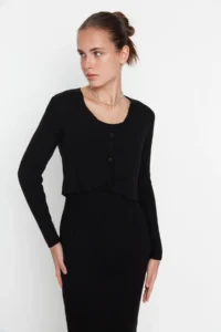 TRENDYOLMİLLA Black Fitted Midi Knitwear Cardigan Dress Set - Image 3