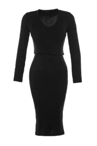 TRENDYOLMİLLA Black Fitted Midi Knitwear Cardigan Dress Set - Image 7
