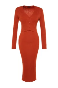 TRENDYOLMİLLA Brick Rejection Fitted Midi Knitwear Cardigan Dress Set - Image 7