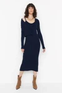 TRENDYOLMİLLA Navy Blue Fitted Midi Knitwear Cardigan Dress Set - Image 2