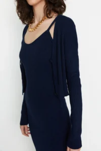 TRENDYOLMİLLA Navy Blue Fitted Midi Knitwear Cardigan Dress Set - Image 3