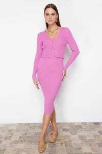 TRENDYOLMİLLA Pink Fitted Midi Knitwear Cardigan Dress Set