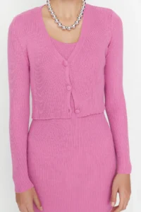 TRENDYOLMİLLA Pink Fitted Midi Knitwear Cardigan Dress Set - Image 10