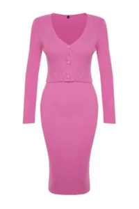 TRENDYOLMİLLA Pink Fitted Midi Knitwear Cardigan Dress Set - Image 12