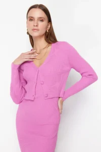 TRENDYOLMİLLA Pink Fitted Midi Knitwear Cardigan Dress Set - Image 3