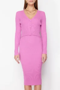 TRENDYOLMİLLA Pink Fitted Midi Knitwear Cardigan Dress Set - Image 4