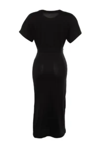 TRENDYOLMİLLA Black 100% Cotton Waist Slit and Binding Detailed Midi Knitting Pen Dress - Image 2