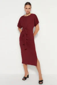 TRENDYOLMİLLA Burgundy 100% Cotton Waist Slit and Binding Detailed Midi Knitting Pen Dress