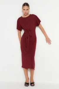 TRENDYOLMİLLA Burgundy 100% Cotton Waist Slit and Binding Detailed Midi Knitting Pen Dress - Image 2