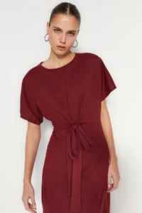 TRENDYOLMİLLA Burgundy 100% Cotton Waist Slit and Binding Detailed Midi Knitting Pen Dress - Image 3