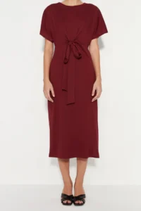 TRENDYOLMİLLA Burgundy 100% Cotton Waist Slit and Binding Detailed Midi Knitting Pen Dress - Image 4