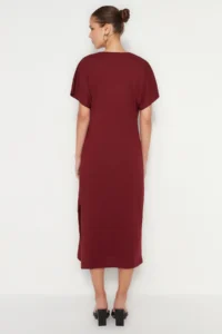 TRENDYOLMİLLA Burgundy 100% Cotton Waist Slit and Binding Detailed Midi Knitting Pen Dress - Image 6