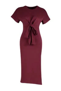 TRENDYOLMİLLA Burgundy 100% Cotton Waist Slit and Binding Detailed Midi Knitting Pen Dress - Image 7