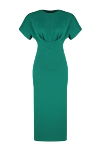 TRENDYOLMİLLA Emerald Green 100% Cotton Waist Slit and Binding Detailed Midi Knitting Pen Dress - Image 7