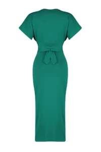 TRENDYOLMİLLA Emerald Green 100% Cotton Waist Slit and Binding Detailed Midi Knitting Pen Dress - Image 8