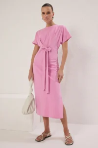 TRENDYOLMİLLA Light Pink 100% Cotton Waist Slit and Binding Detailed Midi Knitting Pen Dress