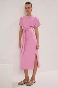 TRENDYOLMİLLA Light Pink 100% Cotton Waist Slit and Binding Detailed Midi Knitting Pen Dress - Image 2
