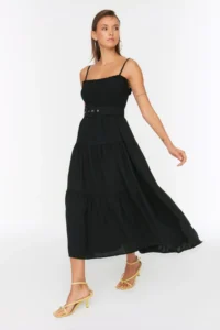 TRENDYOLMİLLA Black Arched with flywheel skater/Waisted Midi Weaving Dress - Image 2